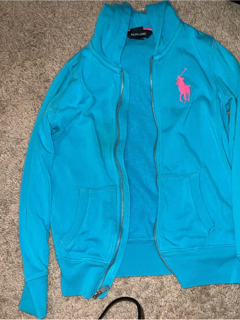 Ralph Lauren Teal Hoodie with Pink Trim